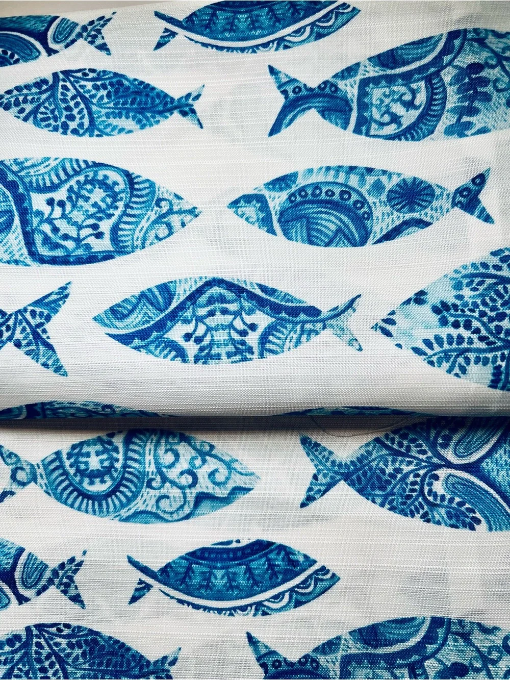Patterned Blue Fish Fabric Shower Curtain Coastal Beach